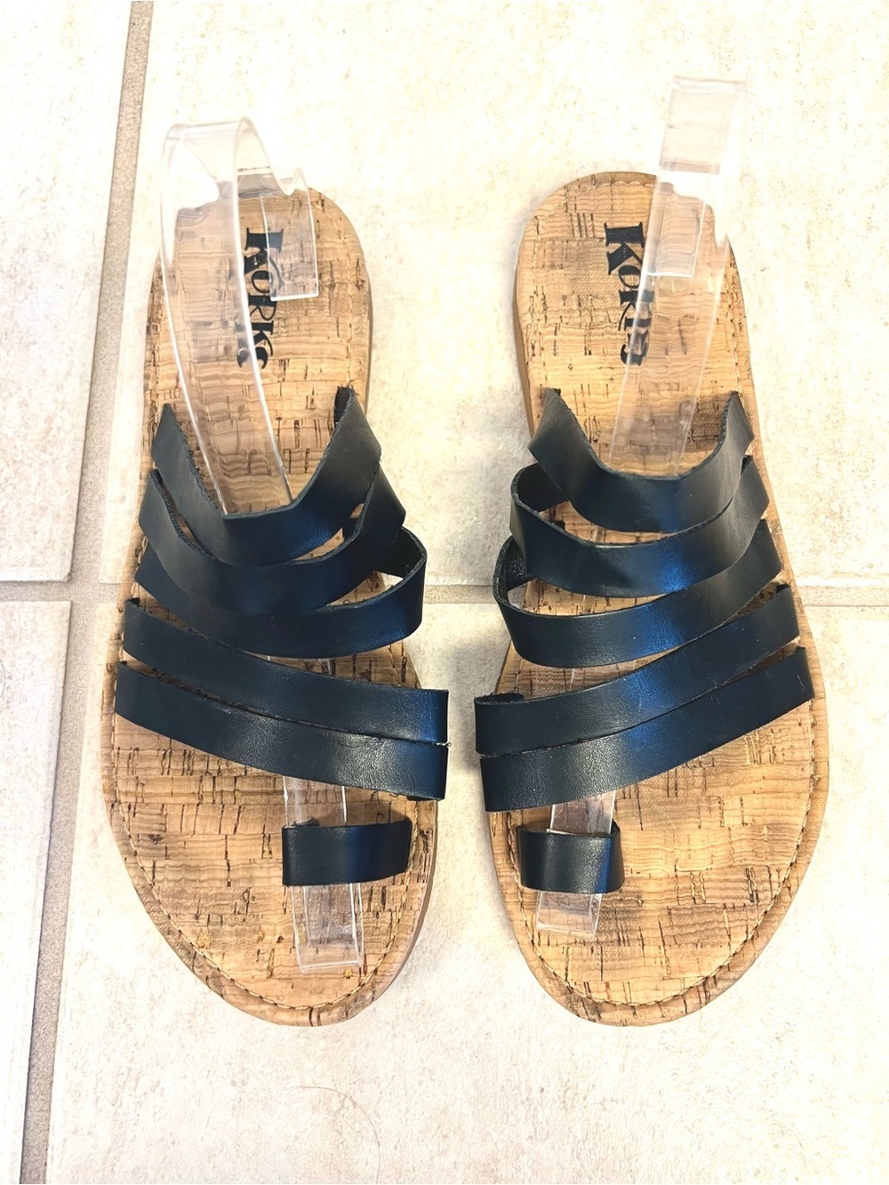 Korks Marisol black strappy toe-loop slide sandals cork-cushioned footbed 10M